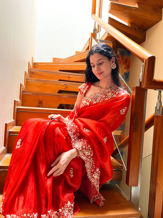 Soft tissue hand-embellished moti & bead embroidery work saree