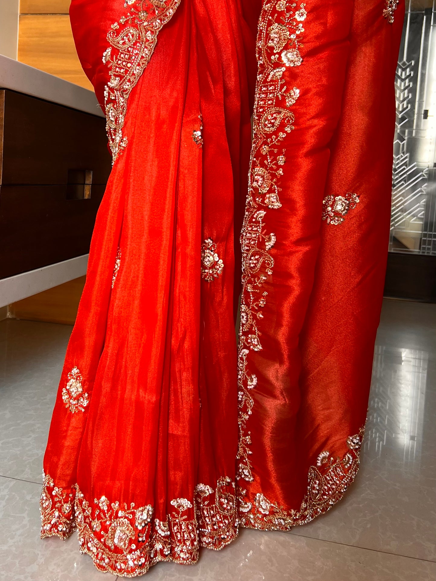 Soft tissue hand-embellished moti & bead embroidery work saree