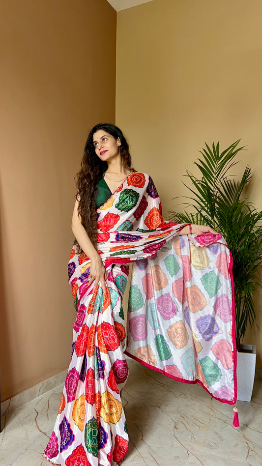 Crape Bandhani Multicolor Saree