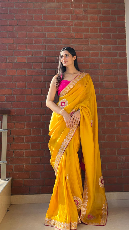 PURE COSMOS TISSUE FABRIC SAREE WITH GAZZI FABRIC BHANDEJ PRINT PATCH WITH GOTA PATTI WORK ♥️