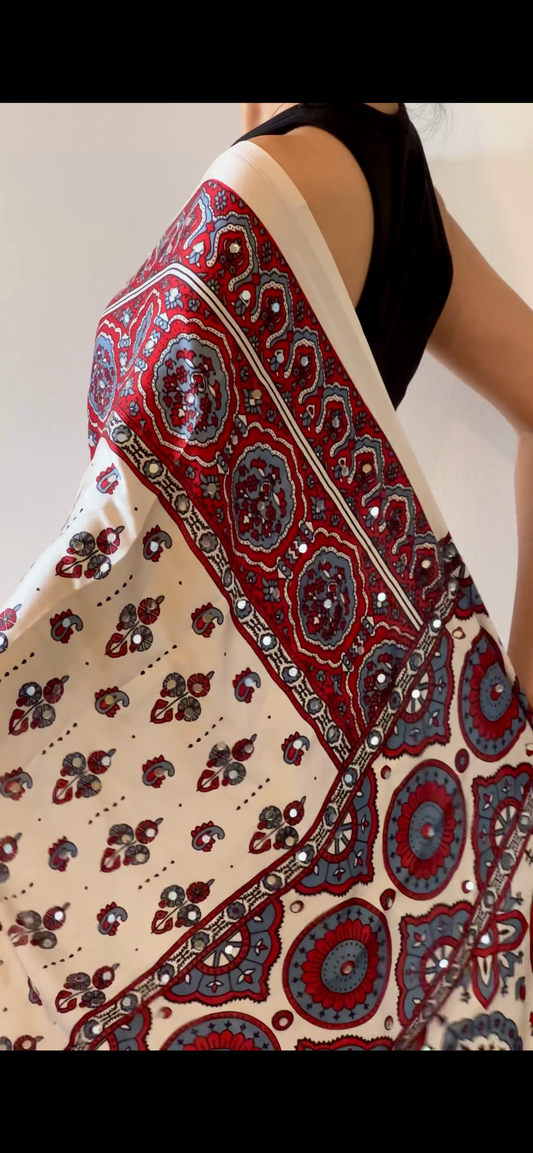 Ajrakh print mirror satin saree