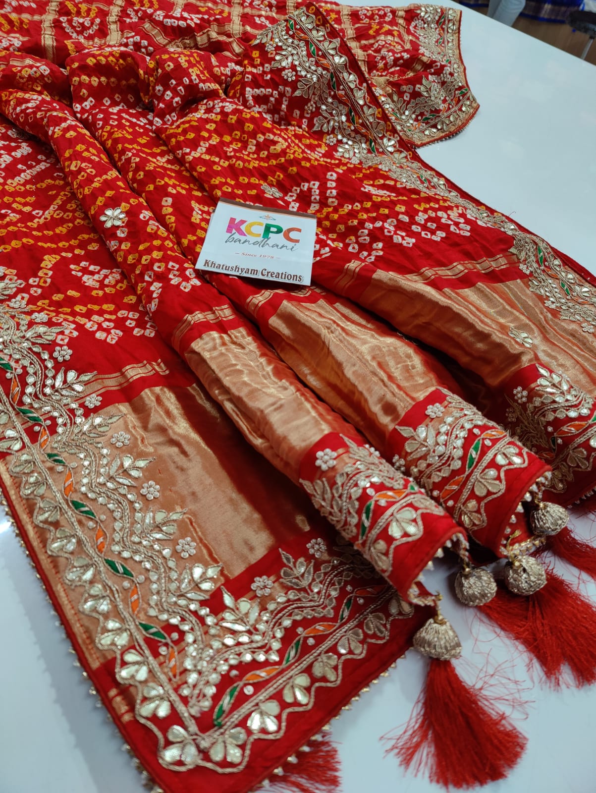 Pure Gaji Silk Bandhani Ghatchola Gotapatti Work Saree with blouse NR, kcpc