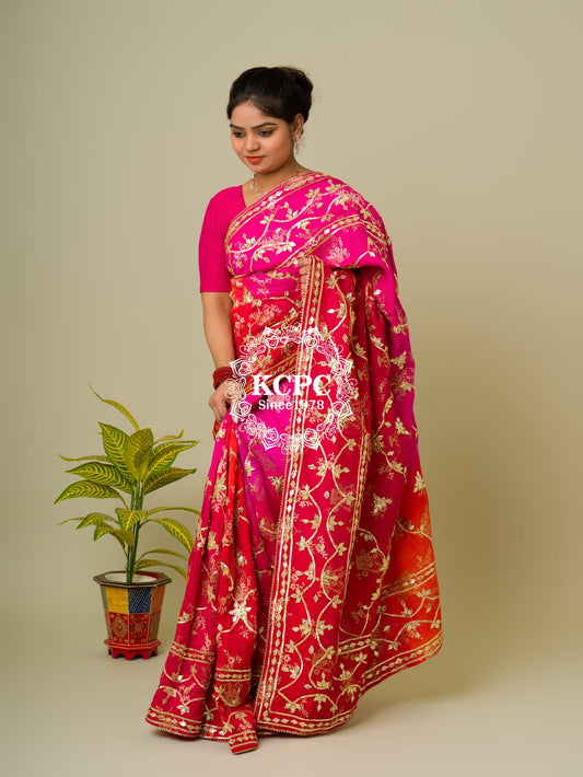 Pure Munga Silk Meenakari Banarasi Weaving Saree with Kacha Gotapatti Handwork smj