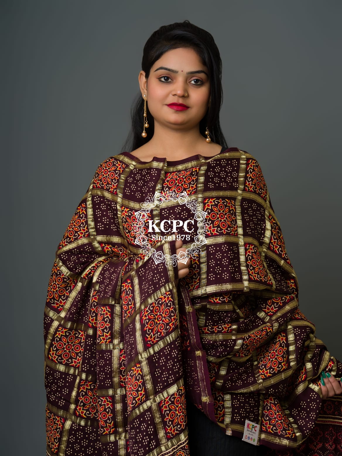 Pure Gaji Silk Original Ajrakh Hand block print Shikara Pallu Banarasi Dupatta