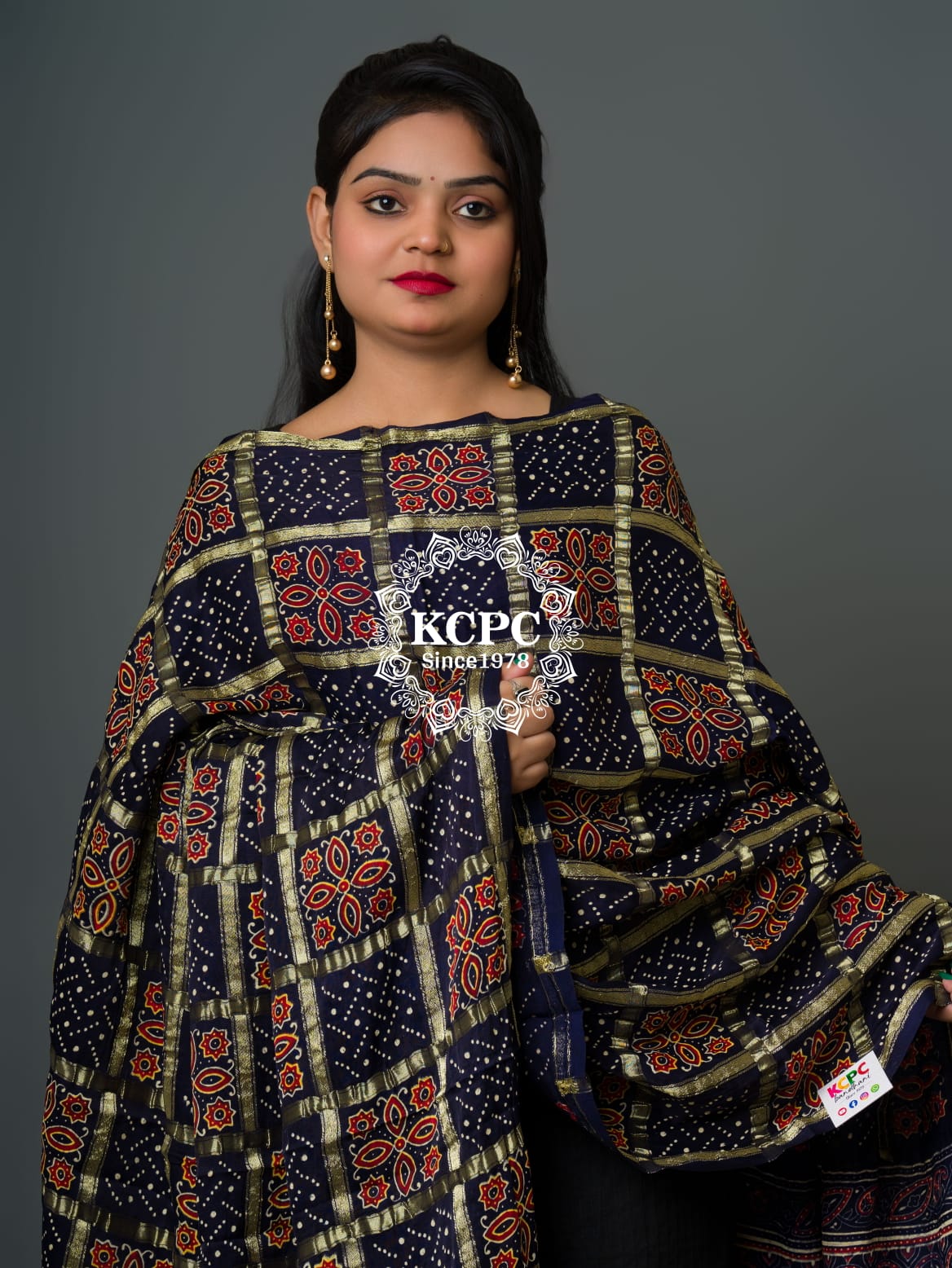 Pure Gaji Silk Original Ajrakh Hand block print Shikara Pallu Banarasi Dupatta
