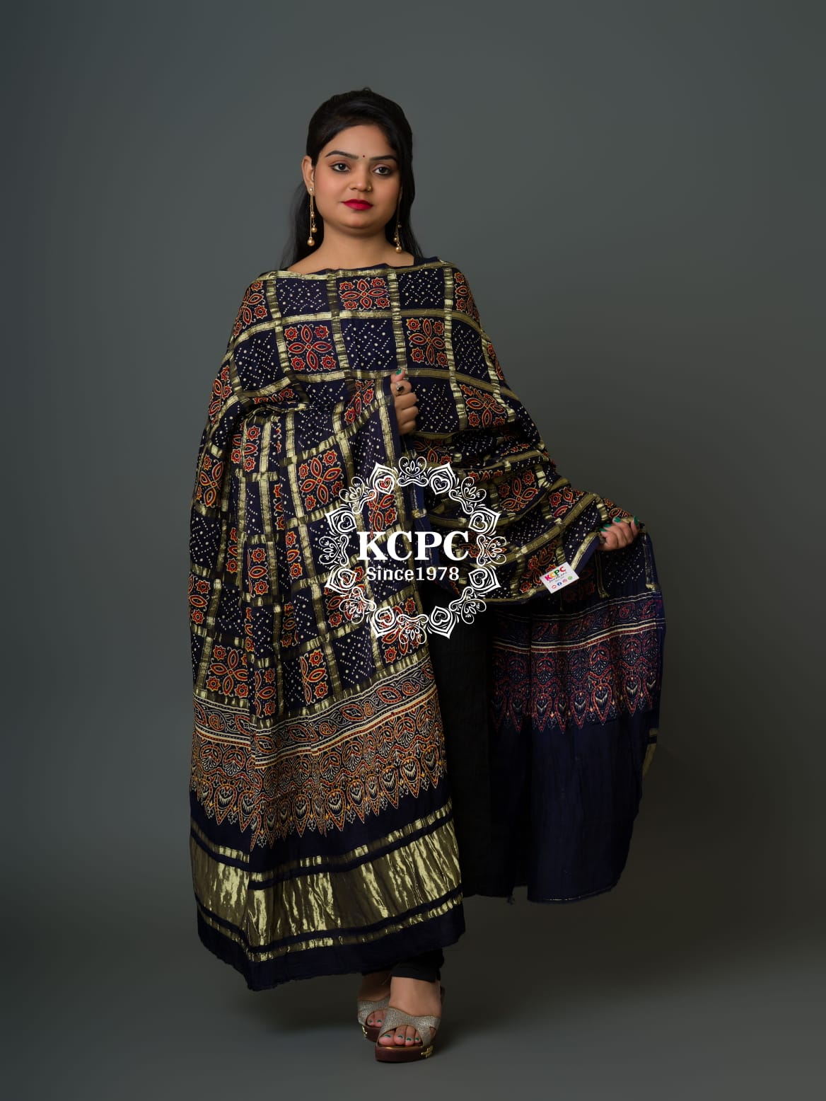 Pure Gaji Silk Original Ajrakh Hand block print Shikara Pallu Banarasi Dupatta