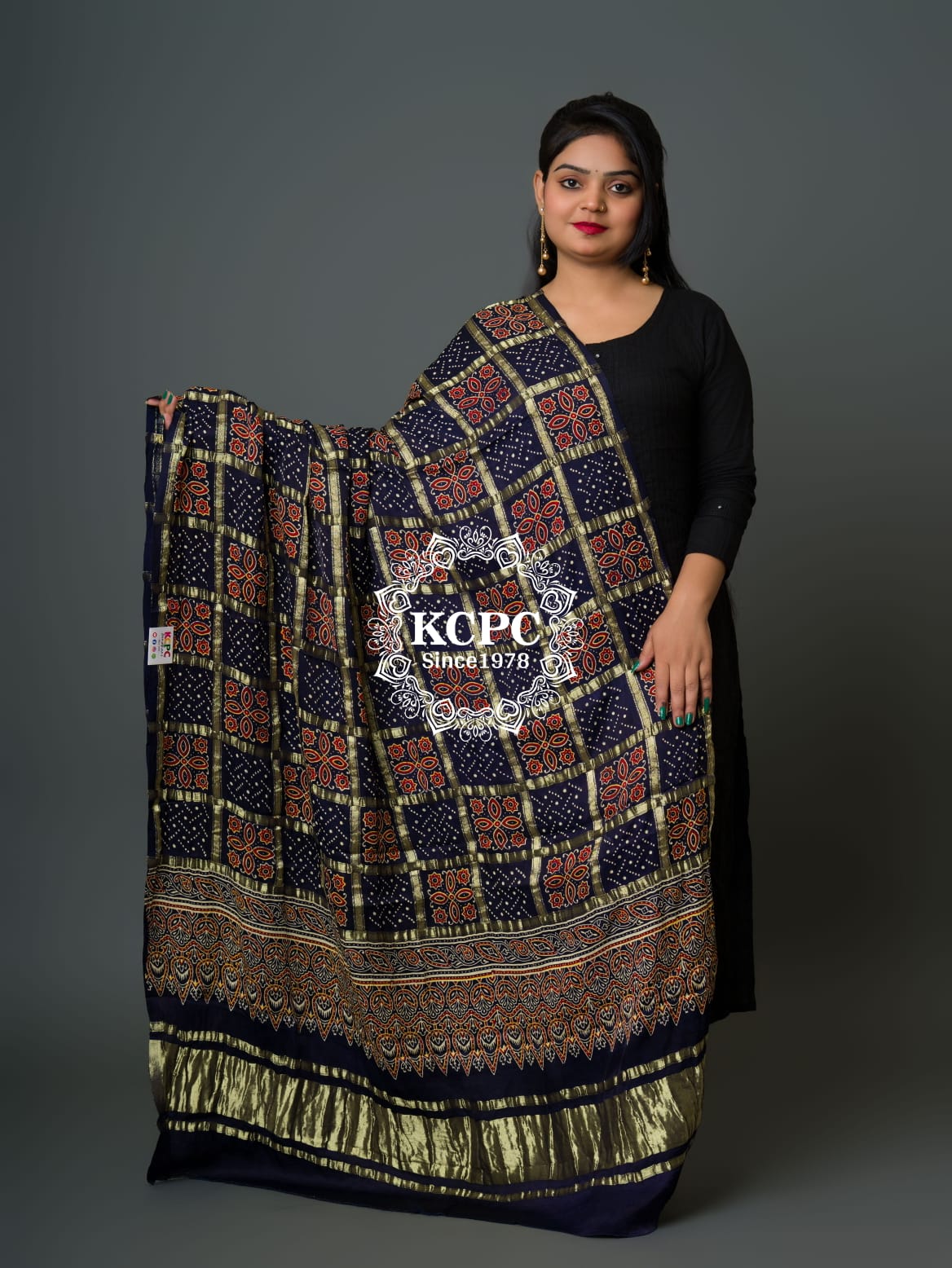 Pure Gaji Silk Original Ajrakh Hand block print Shikara Pallu Banarasi Dupatta