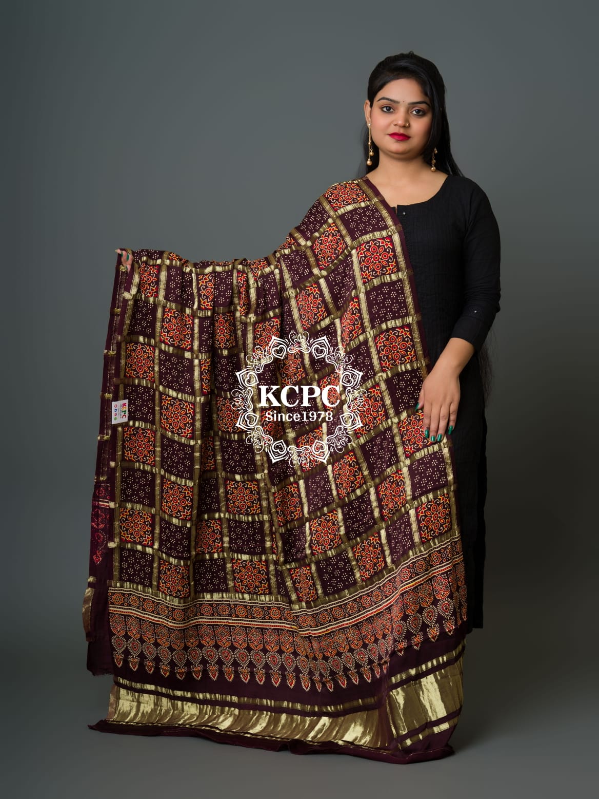 Pure Gaji Silk Original Ajrakh Hand block print Shikara Pallu Banarasi Dupatta