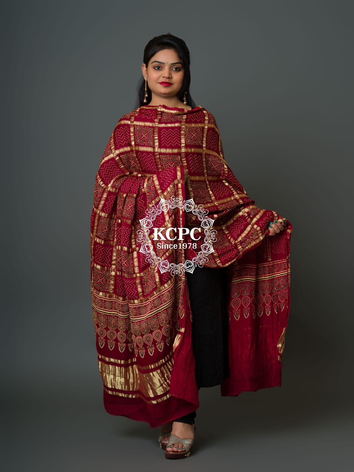 Pure Gaji Silk Original Ajrakh Hand block print Shikara Pallu Banarasi Dupatta