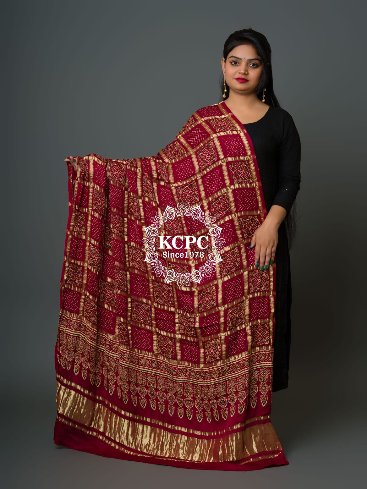 Pure Gaji Silk Original Ajrakh Hand block print Shikara Pallu Banarasi Dupatta