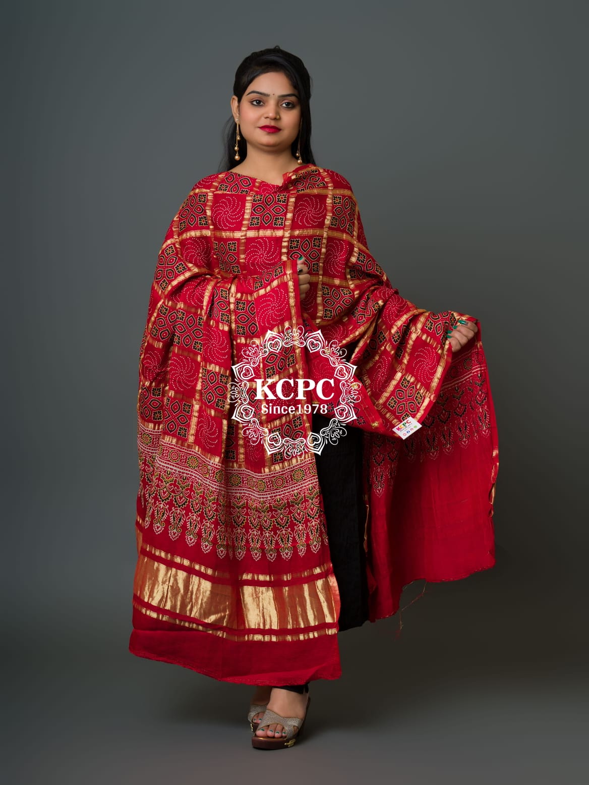 Pure Gaji Silk Original Ajrakh Hand block print Shikara Pallu Banarasi Dupatta