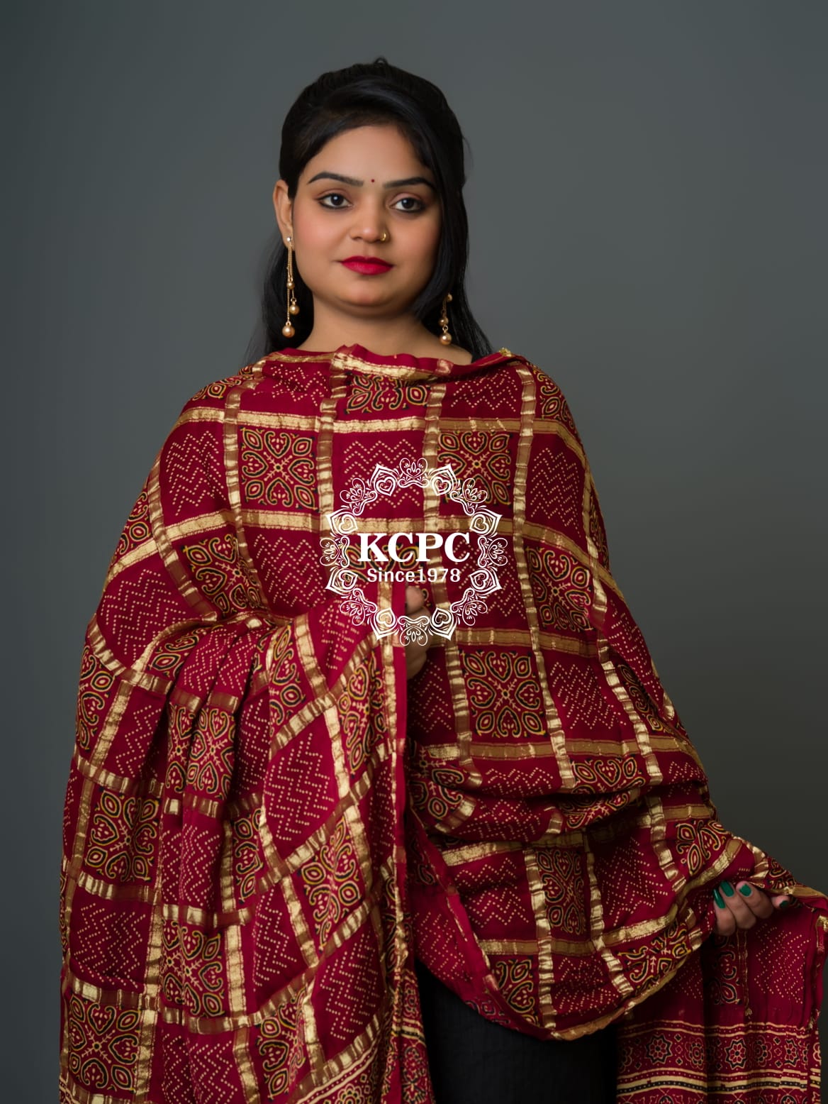 Pure Gaji Silk Original Ajrakh Hand block print Shikara Pallu Banarasi Dupatta