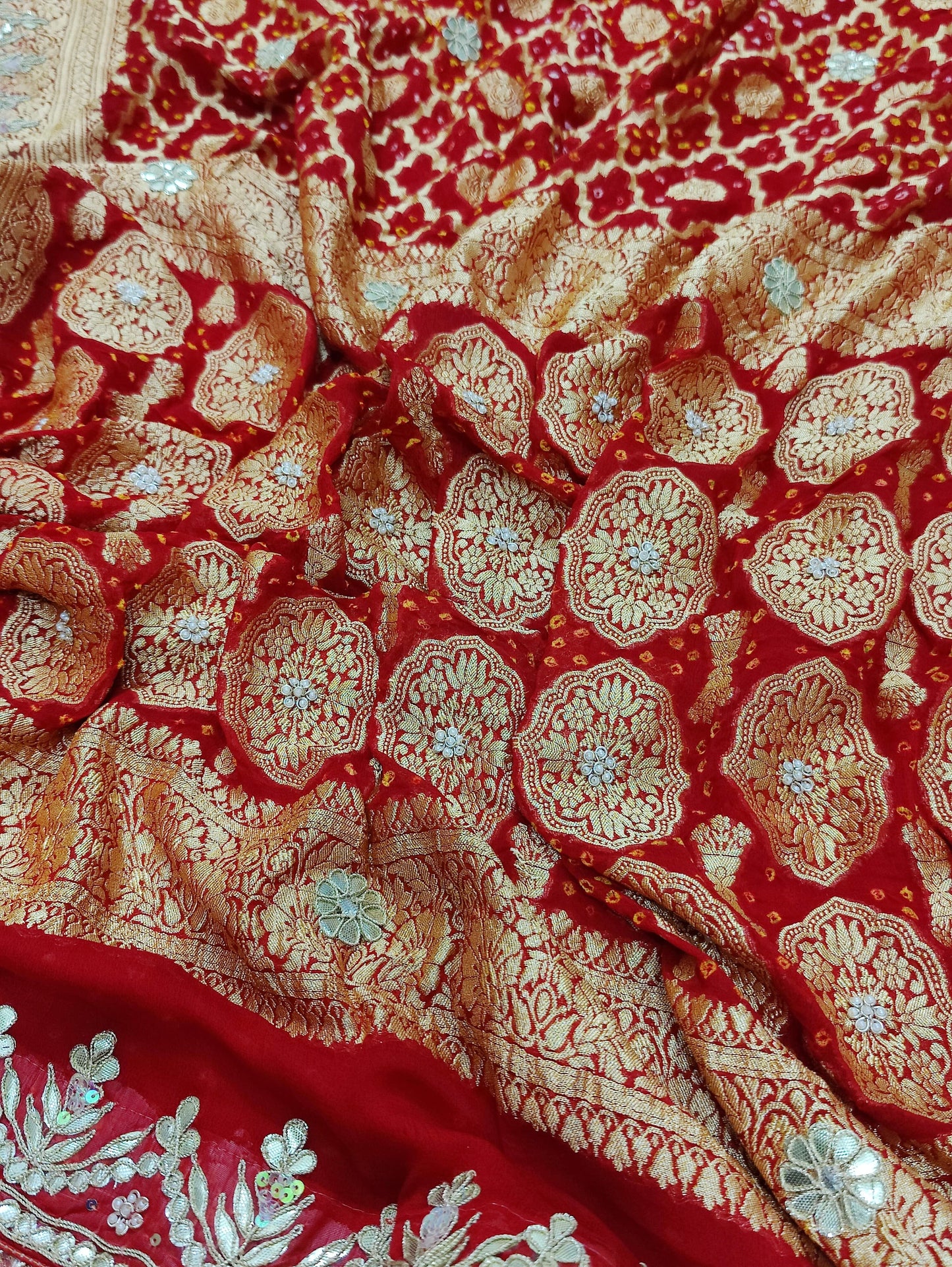 Latest New Pure Khaddi Georgette Neemzari Bandhej Gotapatti work saree with blouse, KCPC, AMT