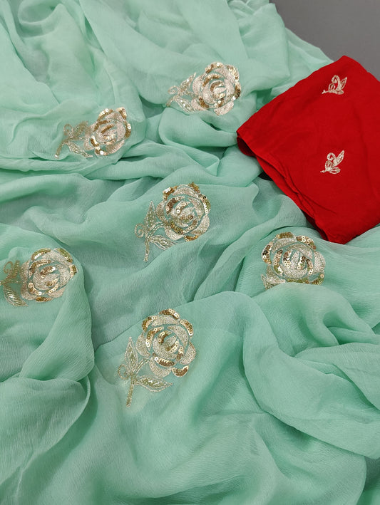 Pure chiffon Jaipuri Saree with zari sequence rose buta work With Blouse,VND