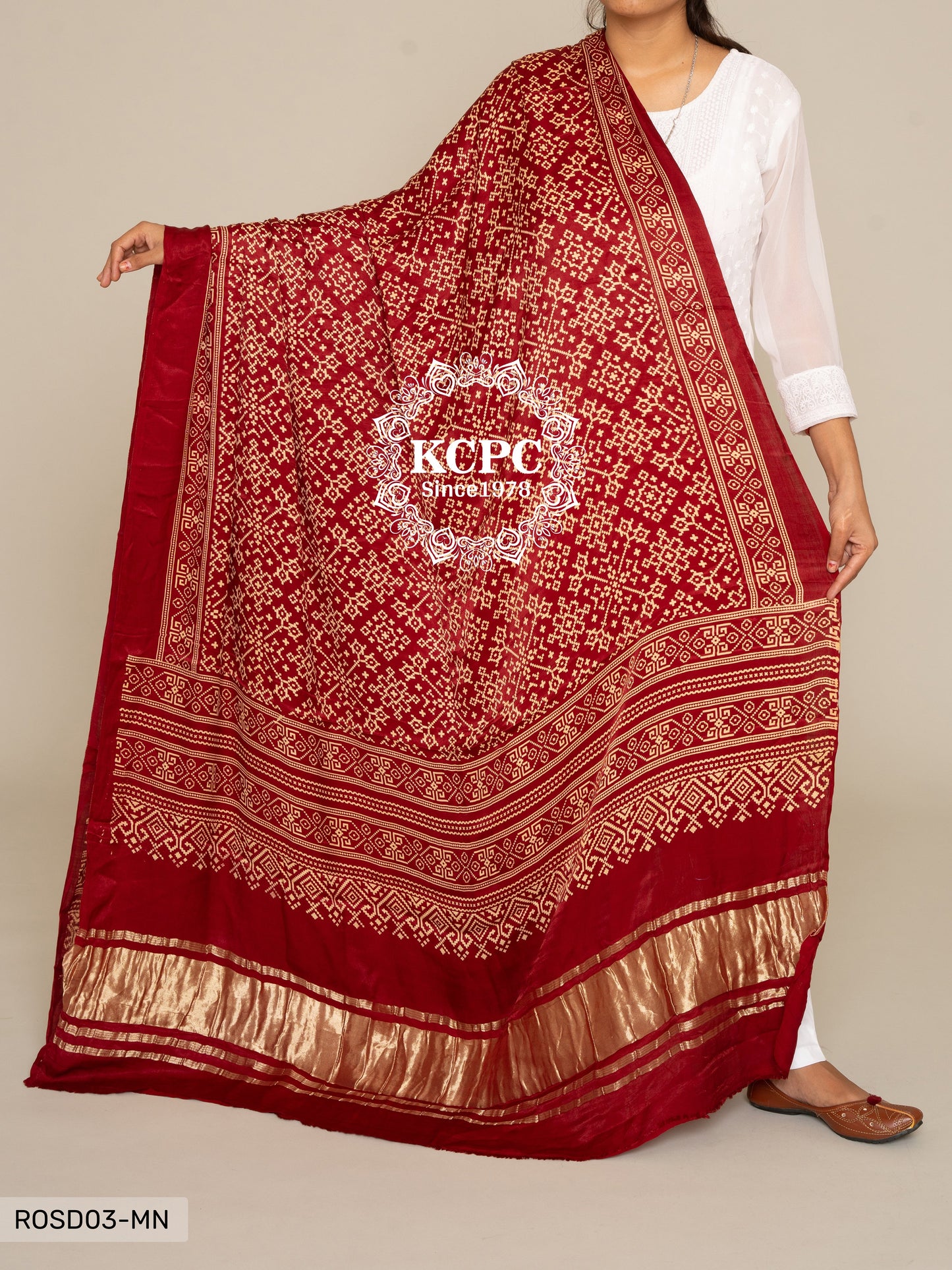 Gaji Silk Ajrakh Print Zig Zag Lagdi Patta Dupattas for heavy dresses and Lehengas , OR , KCPC