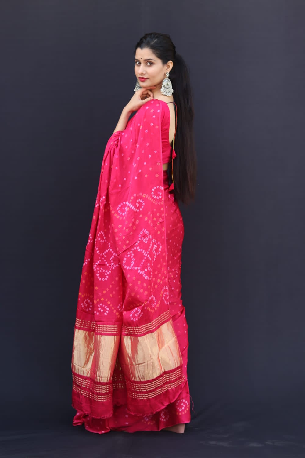 Pink Pure Gaji Silk Bandhej Saree