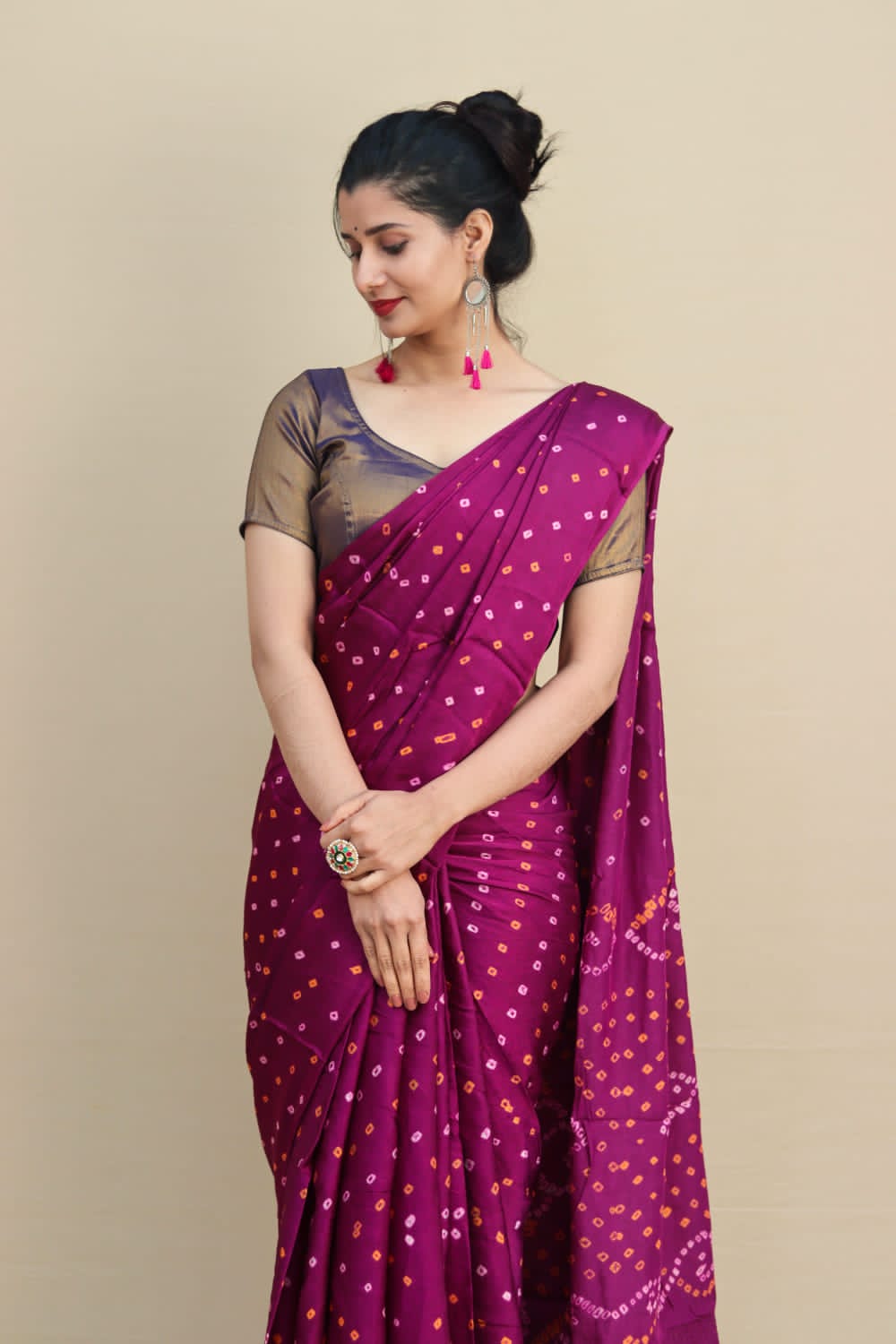 Pure Gaji Silk Wine Bandhani Saree with blouse