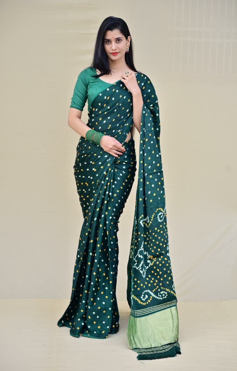 Pure Gaji Silk Bottle Green Bandhani Saree with blouse