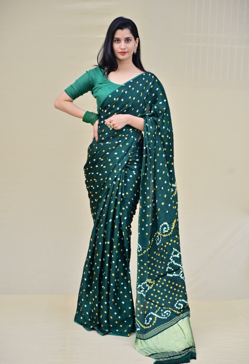 Pure Gaji Silk Bottle Green Bandhani Saree with blouse