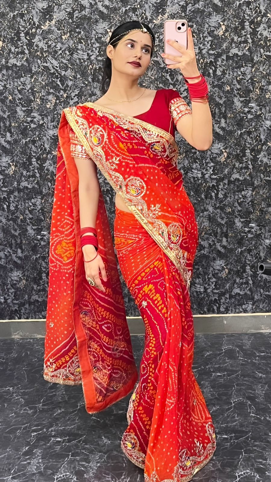 Pure Chinon Bandhani Gotapatti Saree