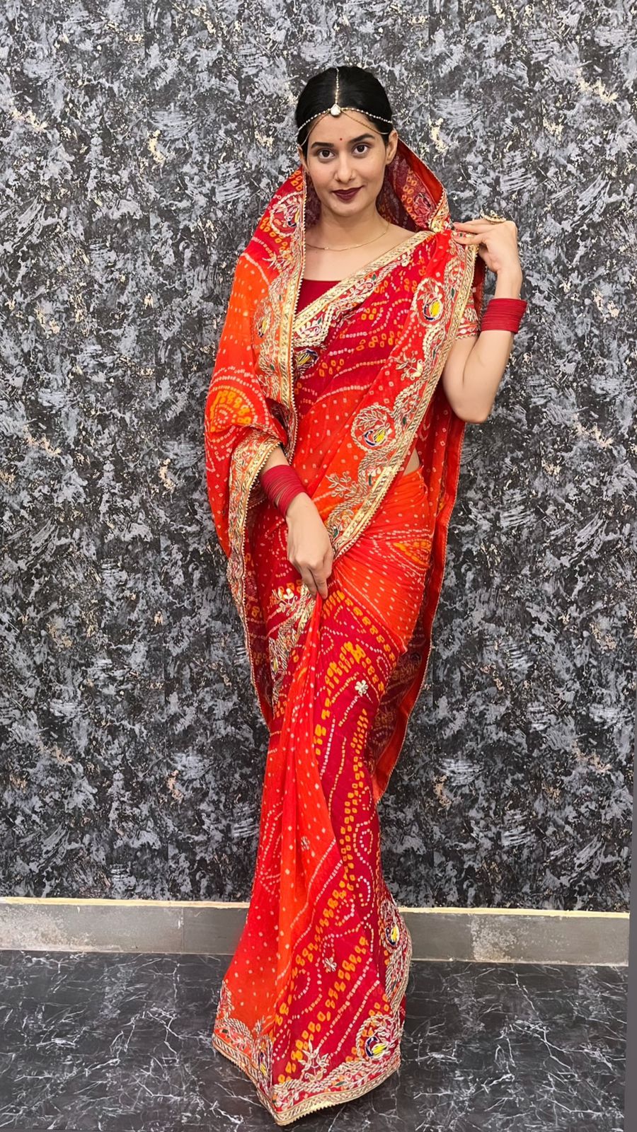 Pure Chinon Bandhani Gotapatti Saree
