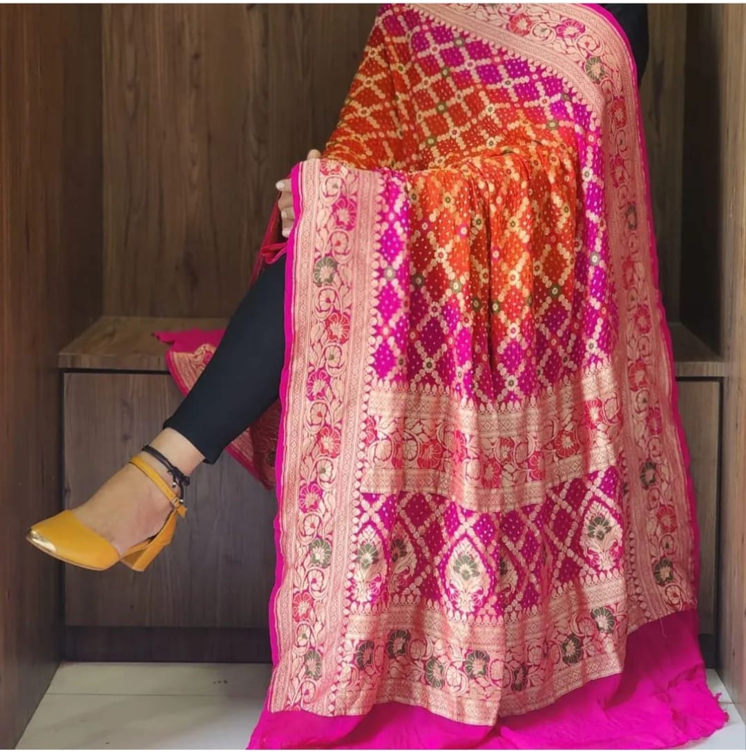 Pure Khaddi Georgette Meenakari Bandhj Duptta Kcpc Or Pink Orange Dupatta