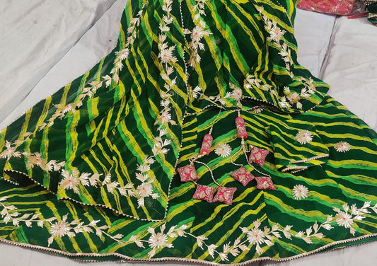 Beautiful Multi Lehriya Pure Georgette Heavy Kachi Gotta Patti Work Lehenga Kml Nr Green Lehenga