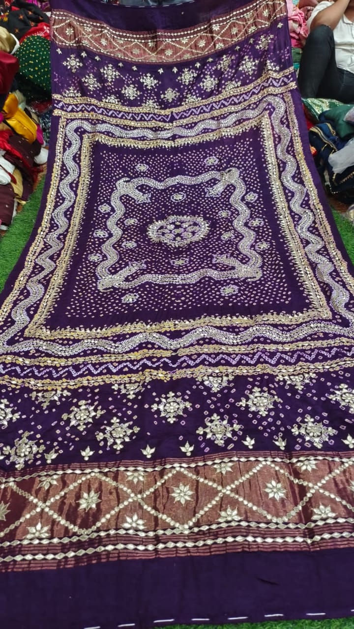 Pure Gaji Silk Hand Bandej With Lagdi Patta Gotaptti Work Dupatta Kcpc Nr Dark Purple