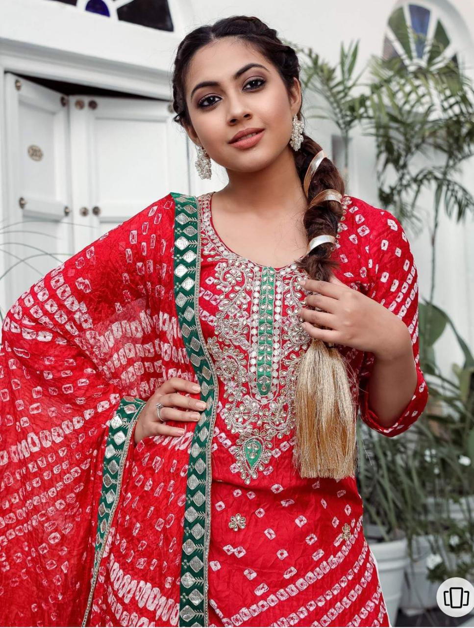 Art Silk Kurti With Patiala And Dupatta Set Kundan Hand Work Gs Or Xl Kurtis