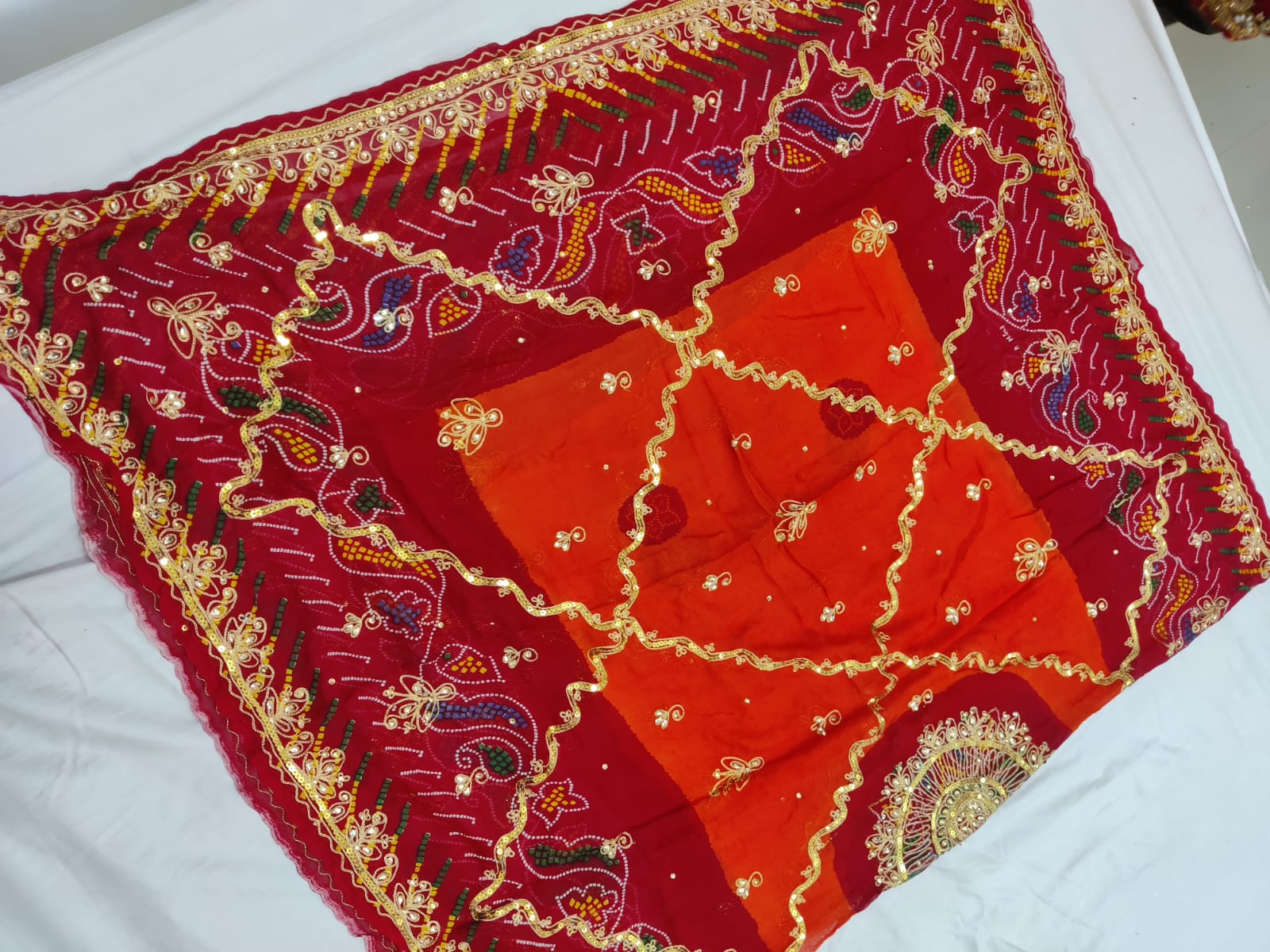 Pure Georgette Rajasthani Chunri Dupattas Pure Georgette Fabric Kcpc Red Orange Pila Dupatta