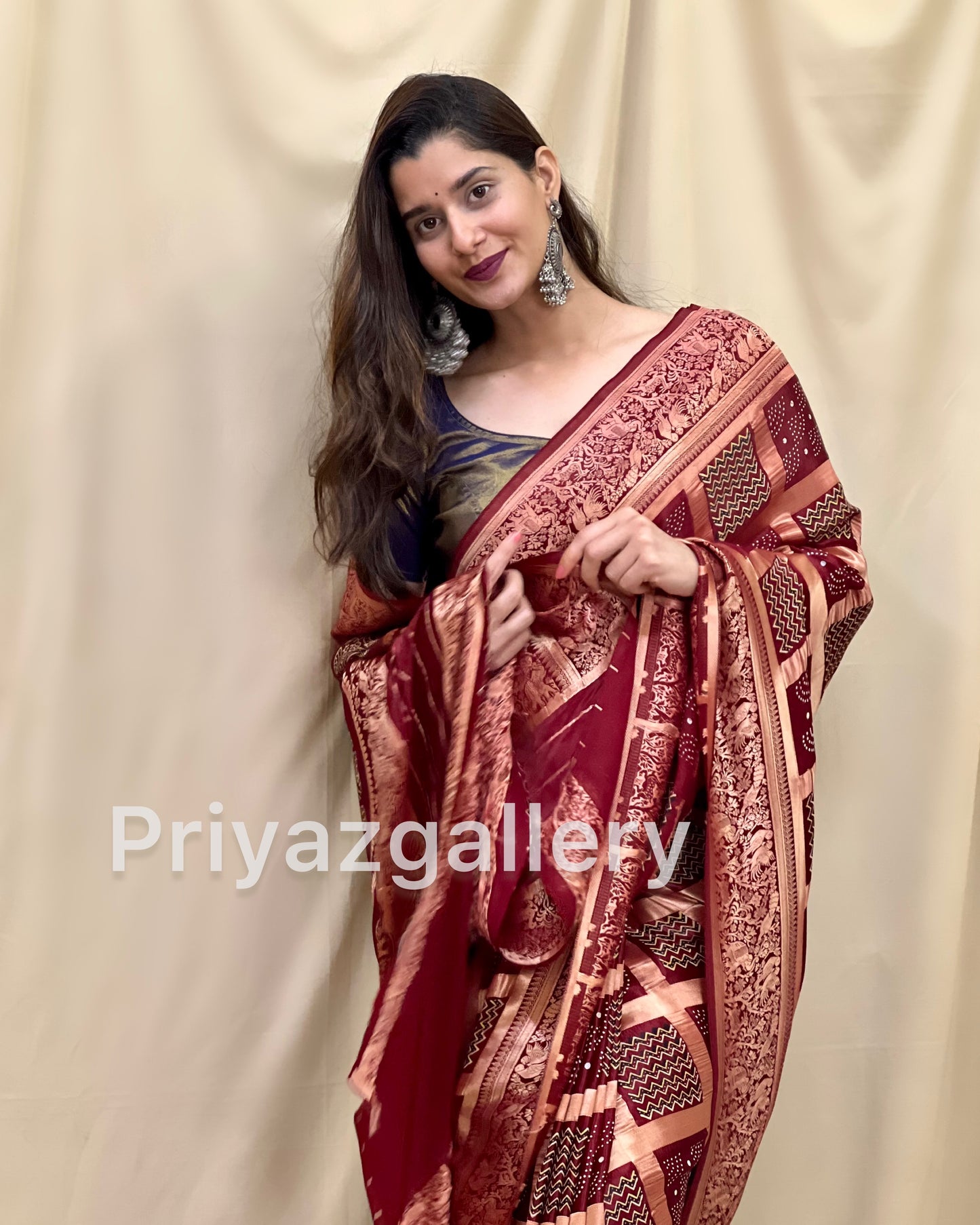 Gaji Silk Bandhani Ghatchola Ajrakh Print Saree with Blouse with Designer Pallu weaving