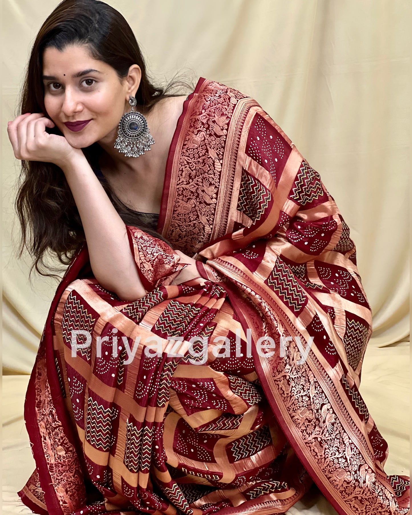 Gaji Silk Bandhani Ghatchola Ajrakh Print Saree with Blouse with Designer Pallu weaving