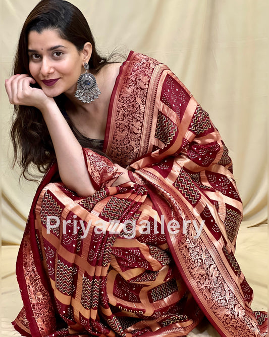 Gaji Silk Bandhani Ghatchola Ajrakh Print Saree with Blouse with Designer Pallu weaving