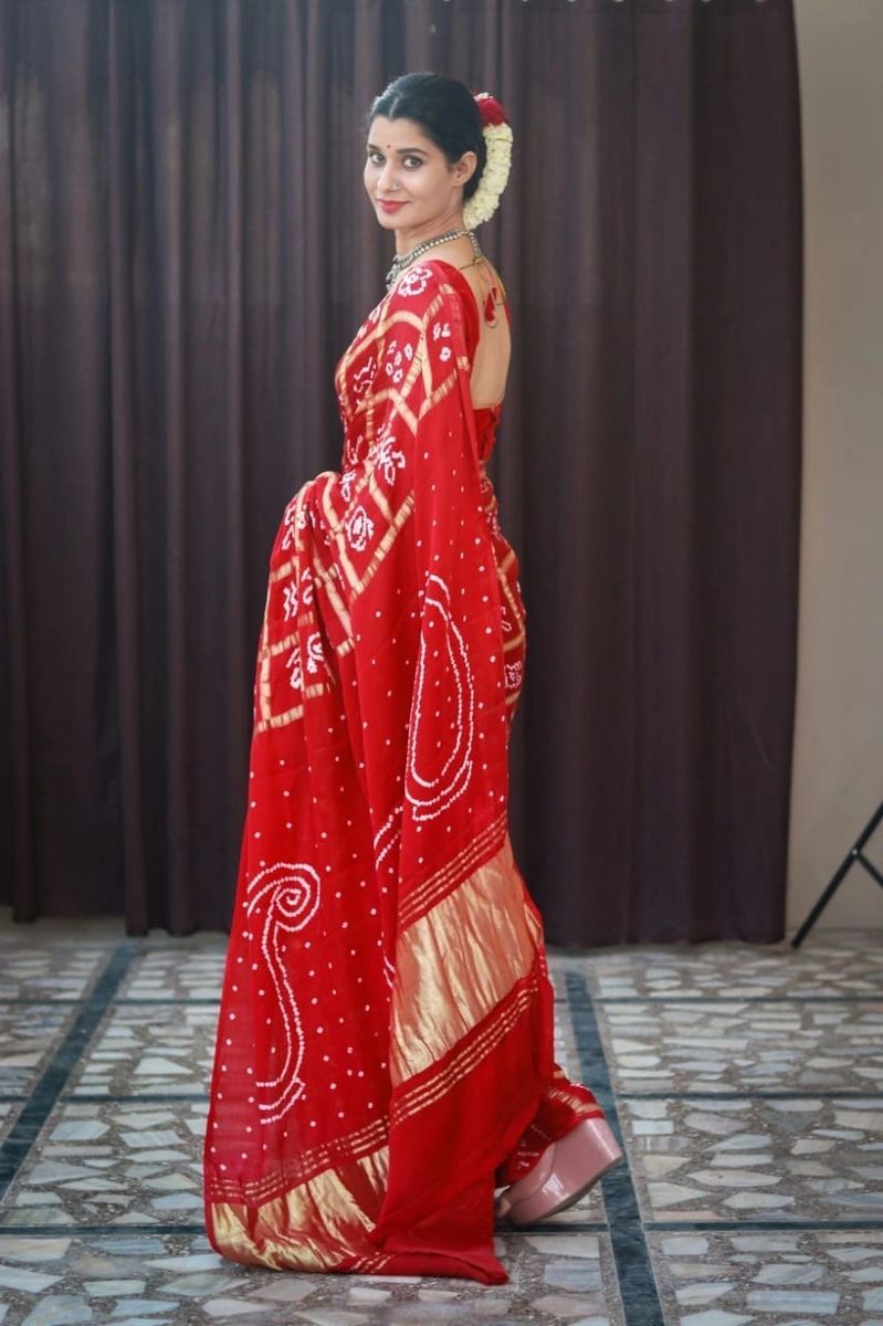 Pure Gazi Silk Dark Red Saree - KcPc Bandhani